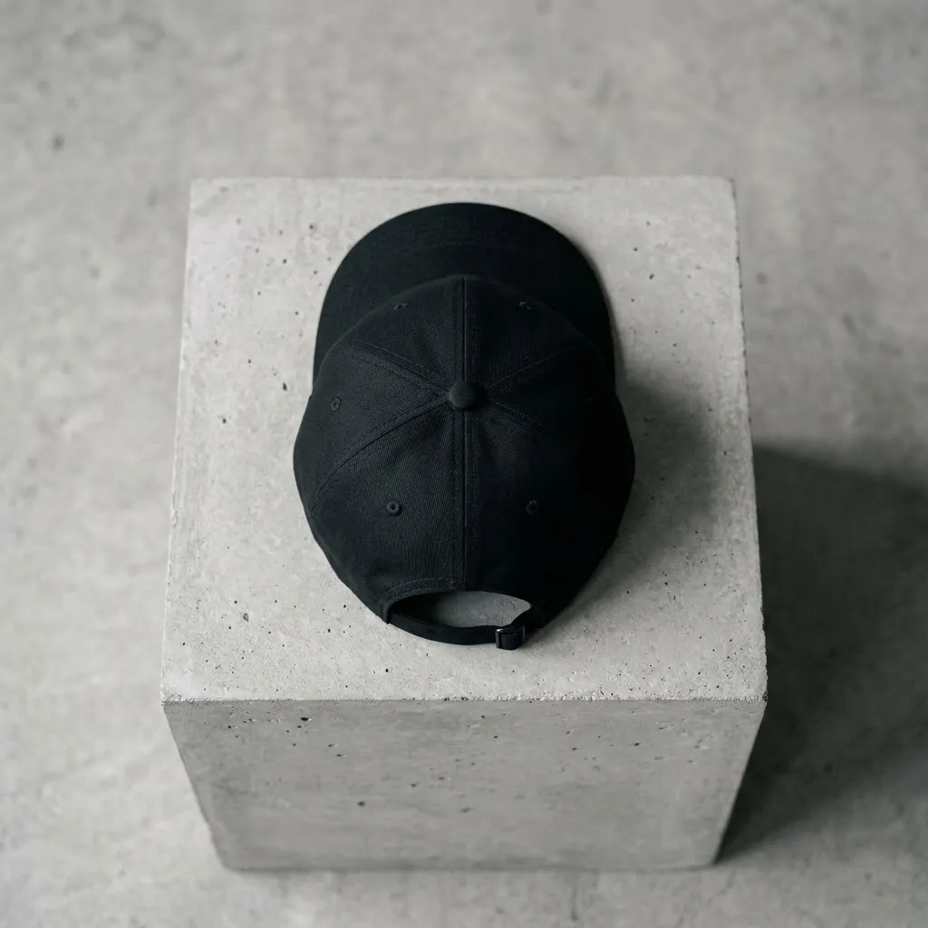 Black cap with embroidered SM on a concrete block