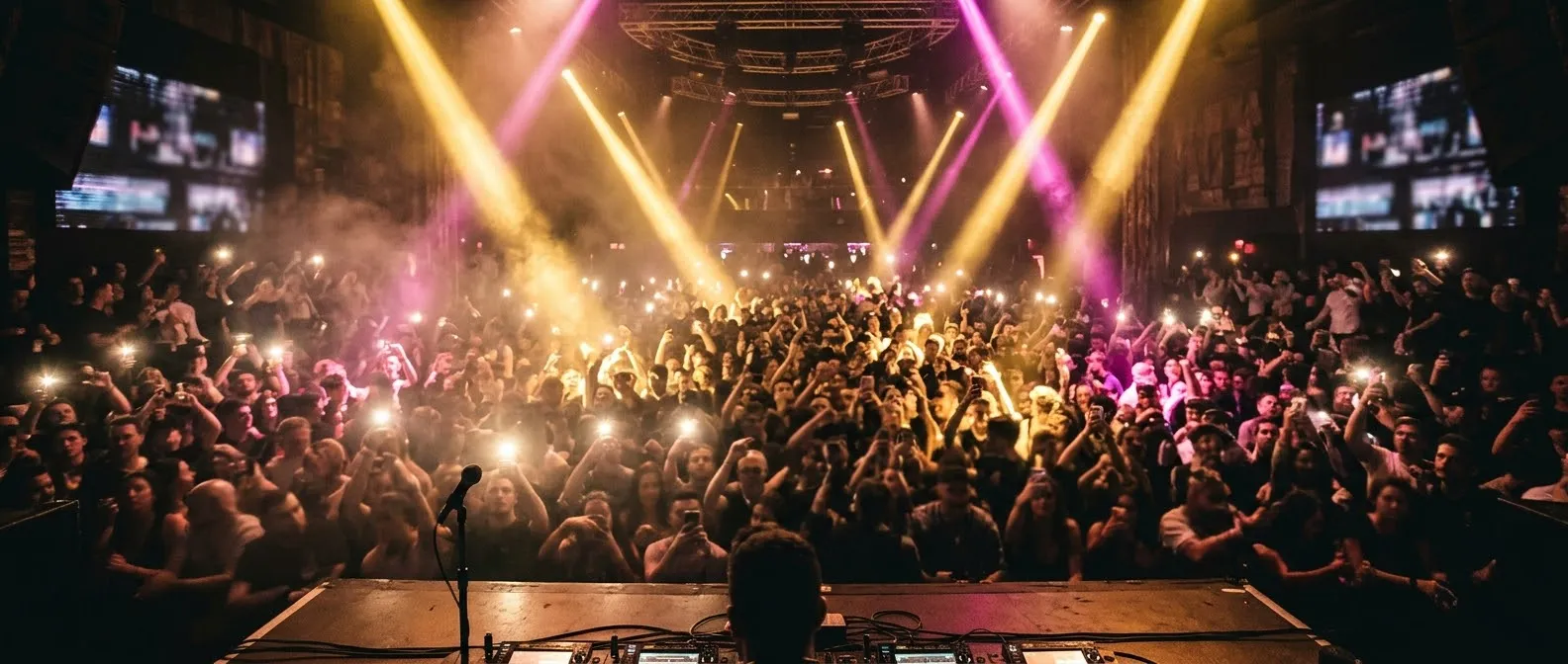 Packed club crowd with phone lights seen from the stage
