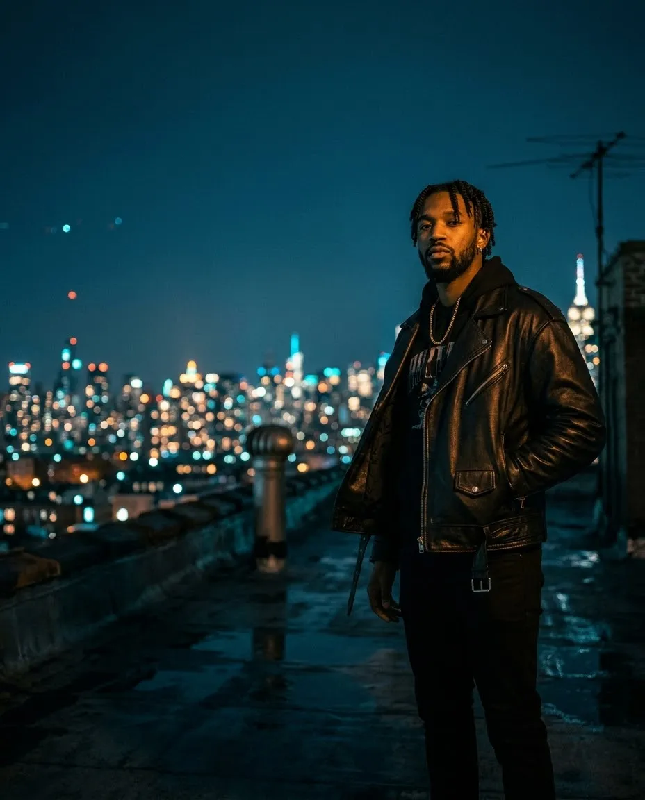 Saint Marlo on a rooftop with the skyline behind him