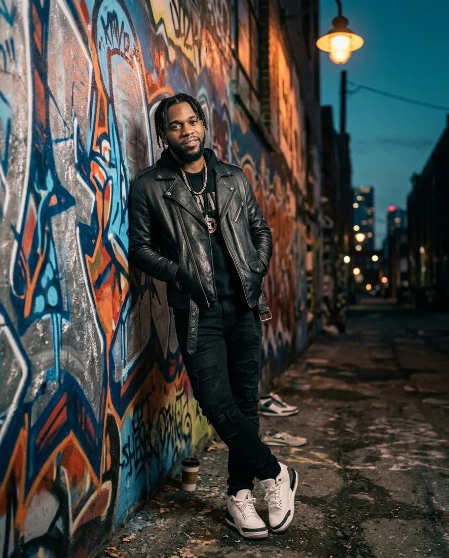 Saint Marlo leaning on a graffiti wall at dusk