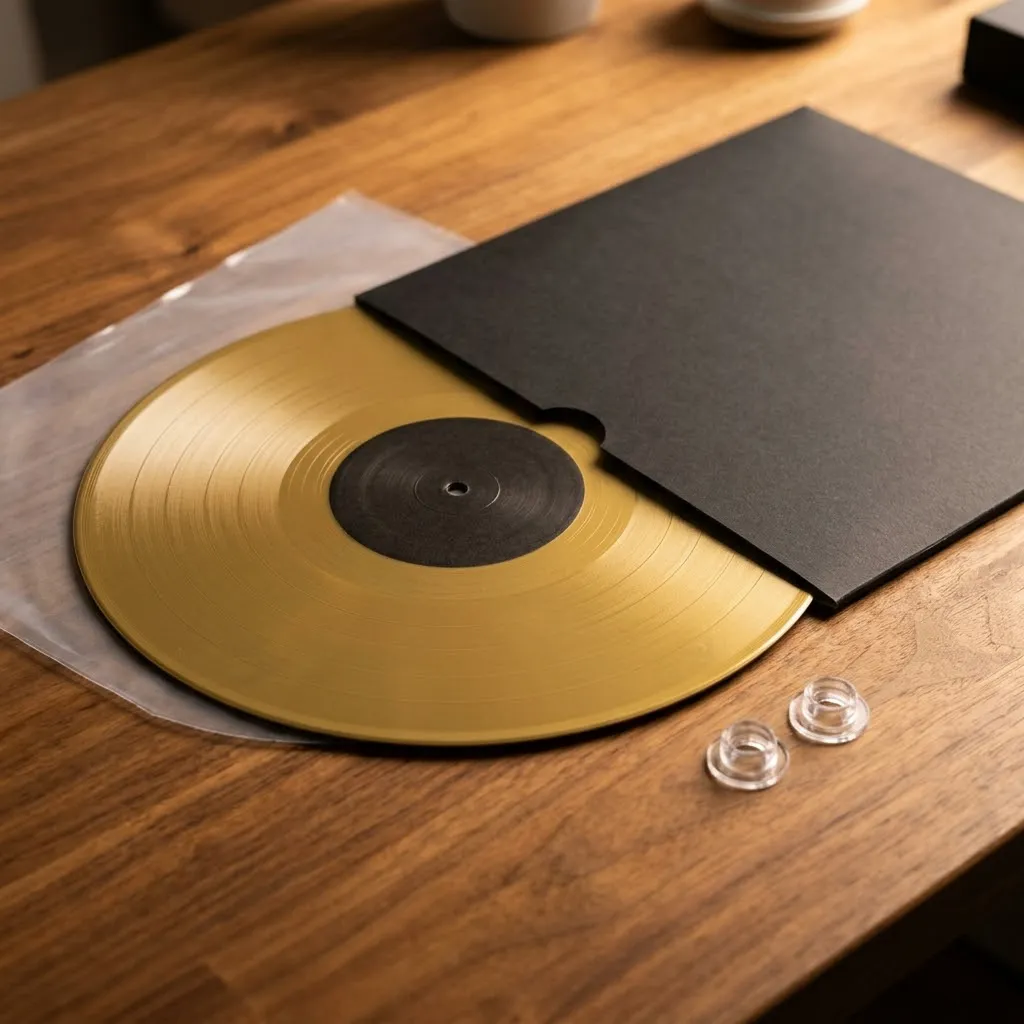 Gold vinyl record with a black sleeve
