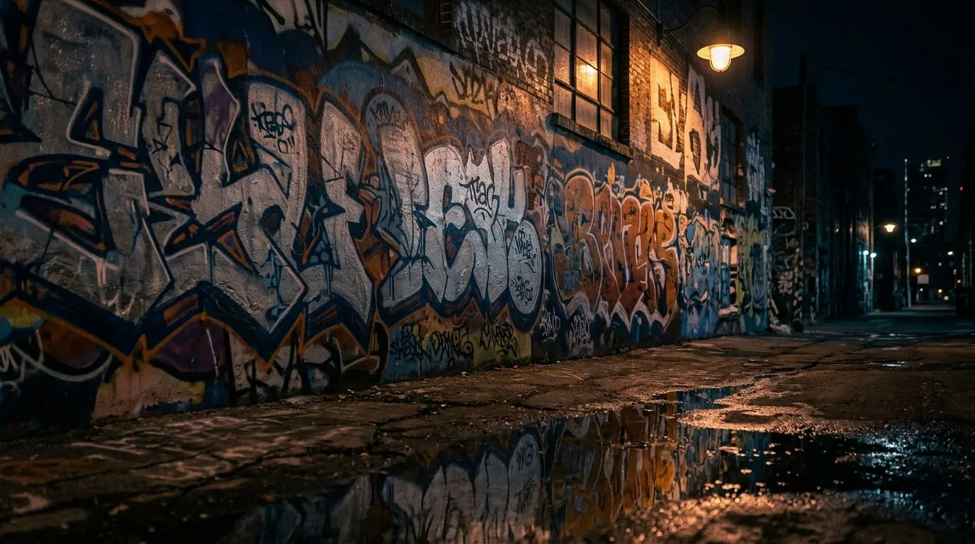 Graffiti wall at night with reflections in a puddle